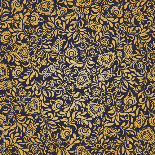 Seamless background baroque style. Vintage Pattern. Retro Victorian. Ornament in Damascus style. Elements of flowers, leaves. Vector illustration. Wallpaper, print packaging, textiles.