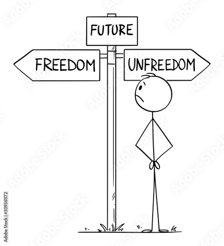 Vector cartoon stick figure drawing conceptual illustration of man standing on crossroad representing human civilization or mankind choosing the future between freedom and unfreedom.