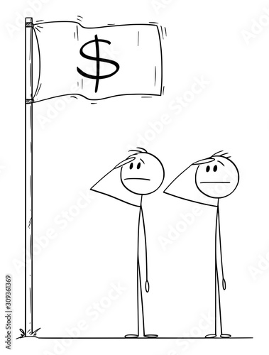 Vector cartoon stick figure drawing conceptual illustration of two men or businessmen or politicians saluting the dollar flag. Money rules the world concept.