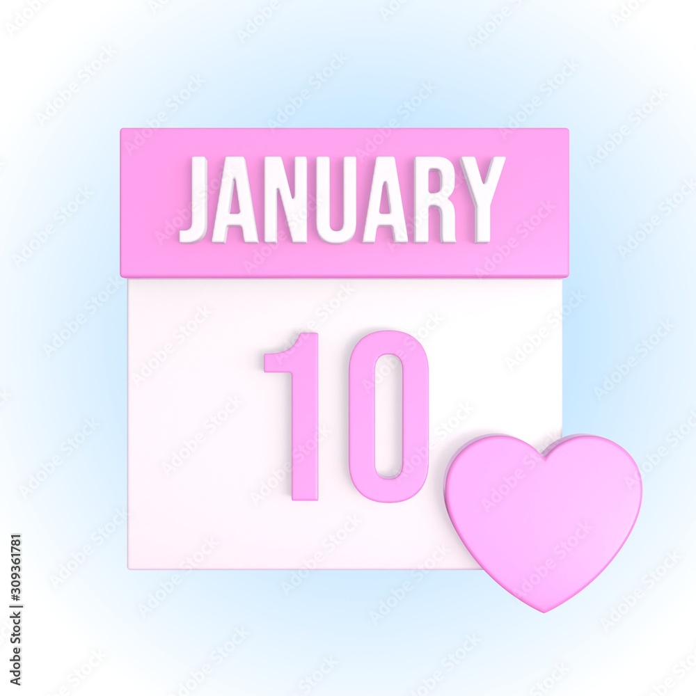 January 10 romantic calendar with pink heart. Love anniversary concept. Relationship date. 3d illustration January 10 romantic calendar with pink heart. Love anniversary concept. Relationship date. 3d illustration