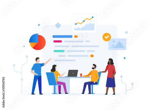 Coworking. Business concept with young people using laptops. Workflow, growth, graphics. Business development, milestones. lillustration infographics. Landing page site print poster