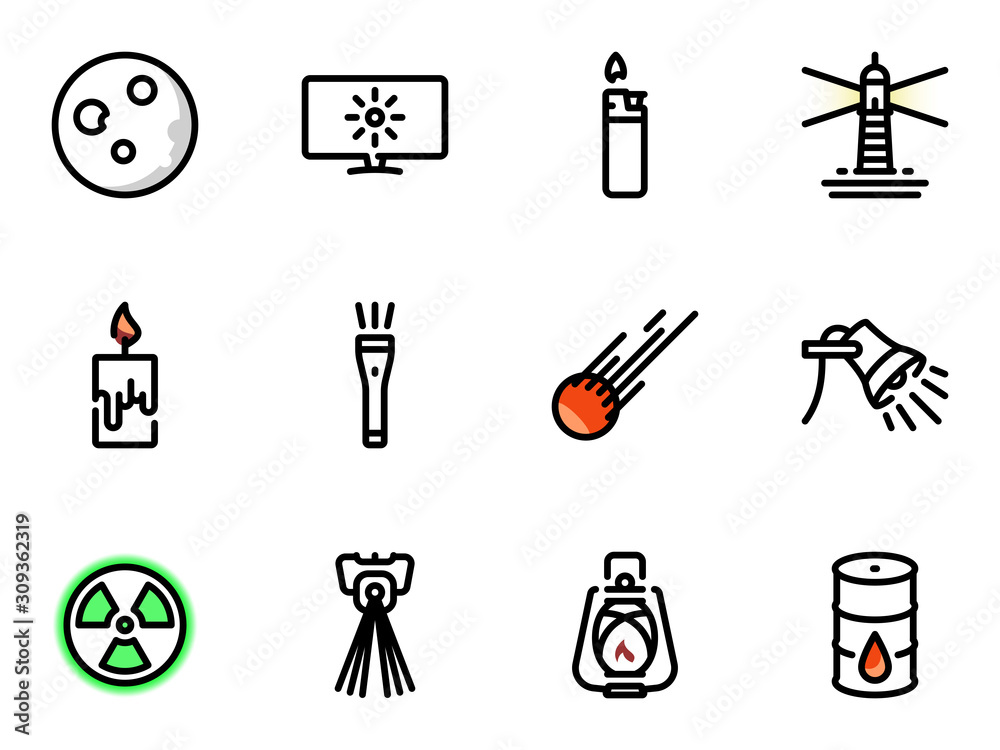 Set of black vector icons, isolated against white background. Illustration on a theme Sources of light