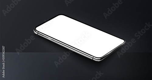 Smartphone frame less blank screen. Smartphone perspective view. 3d backdrop. Vector illustration. Cover layout template. Material design concept. 