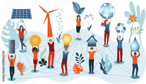 Energy community. Prosumer sustainable and renewable energy. Economic sharing of self-produced energy. Ecological industry or home. Alternative energy production. Green social media