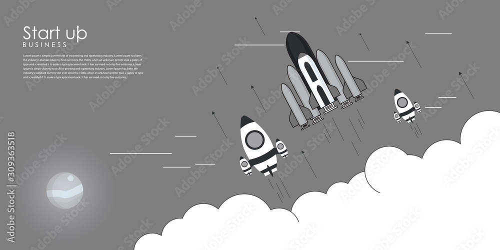 App launch. Startup vector concept, flat cartoon rocket or rocket ship launch