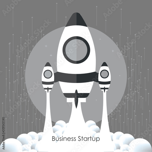 App launch. Startup vector concept, flat cartoon rocket or rocket ship launch