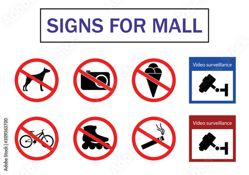 Prohibited Signs set. Stickers for supermarket or mall. Vector stock illustration eps10. Isolated on white background