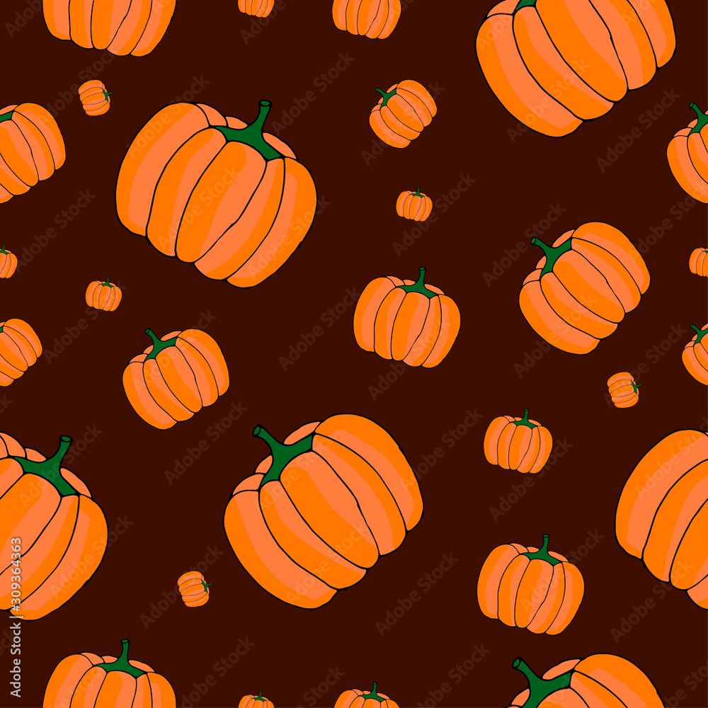 Cute seamless pattern.Pumpkin doodle on a beautiful background with the inscription. Vegetarian elements for your design.