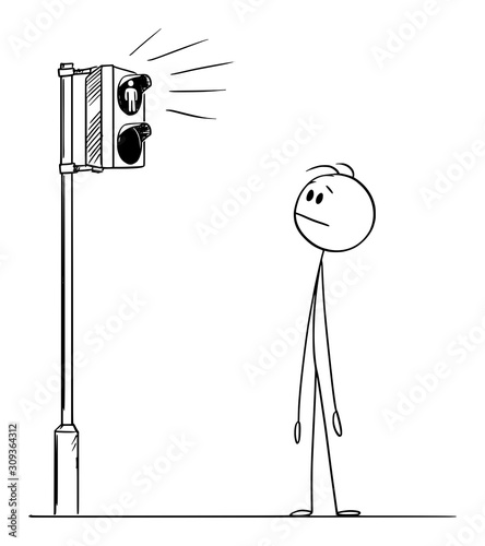 Vector cartoon stick figure drawing conceptual illustration of man or pedestrian waiting for green light on street traffic light on crossing.