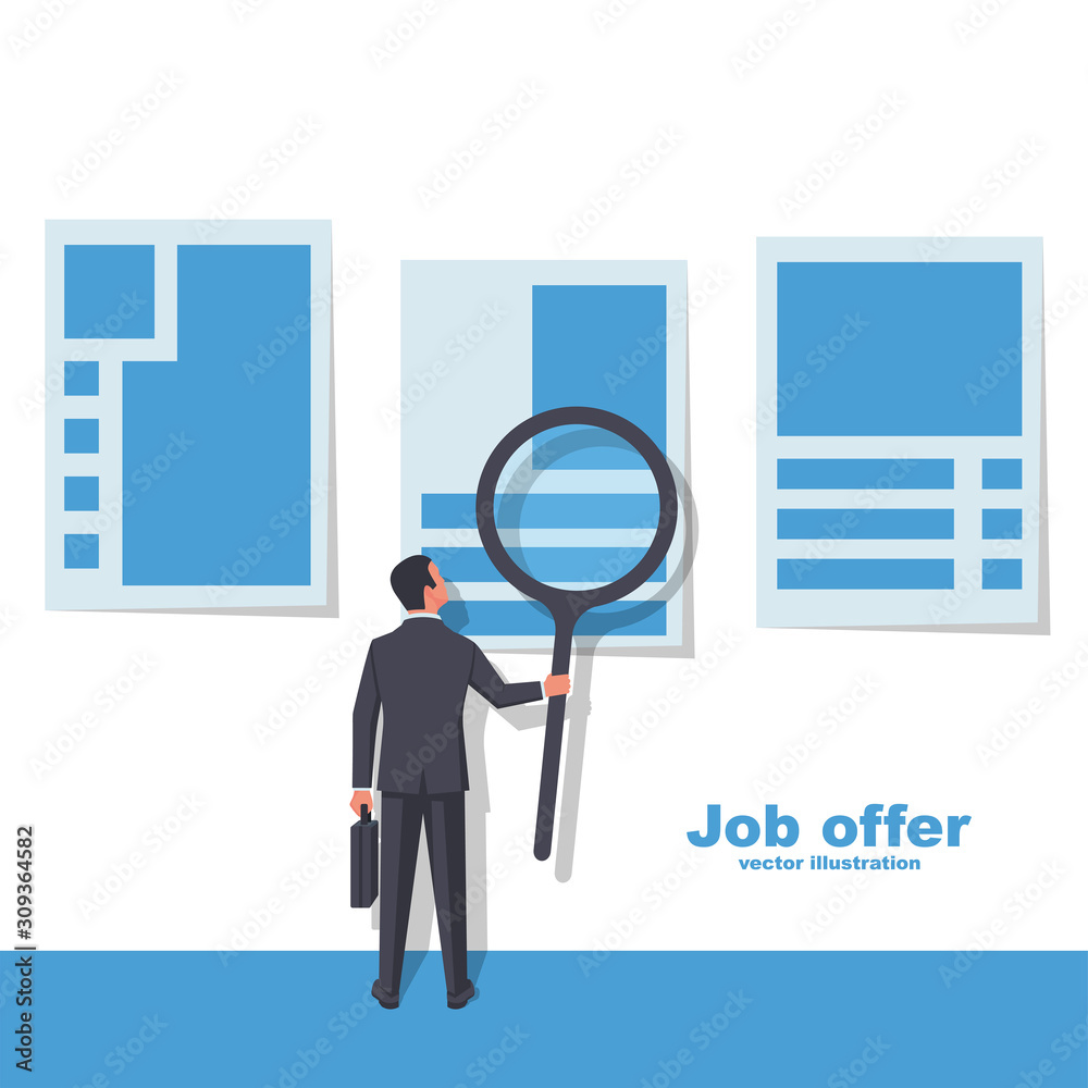 Job offer. A businessman with a magnifying glass looks at a job offer. Vector illustration flat design. Isolated on white background. Business people. Job offer. A businessman with a magnifying glass looks at a job offer. Vector illustration flat design. Isolated on white background. Business people.