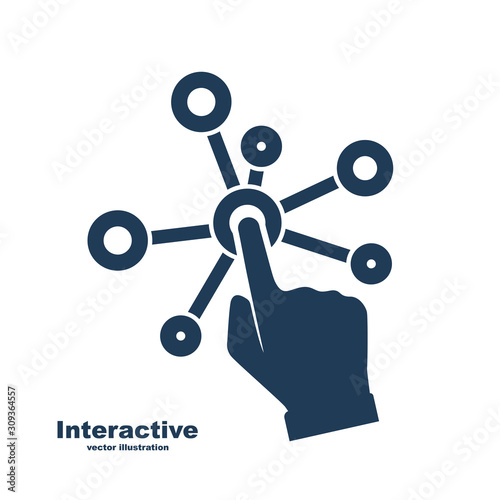 Interactive interface glyph icon. Black silhouette interaction technology. Vector illustration flat design. Isolated on white background. Hand presses screen. Pointer on the pictogram. Page internet.