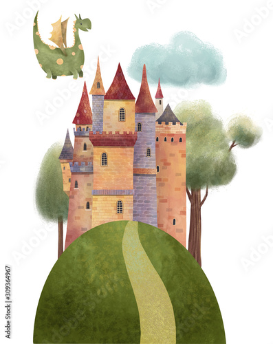 Medieval castle with trees, hill, road  and dragon. Hand drawn illustration.
