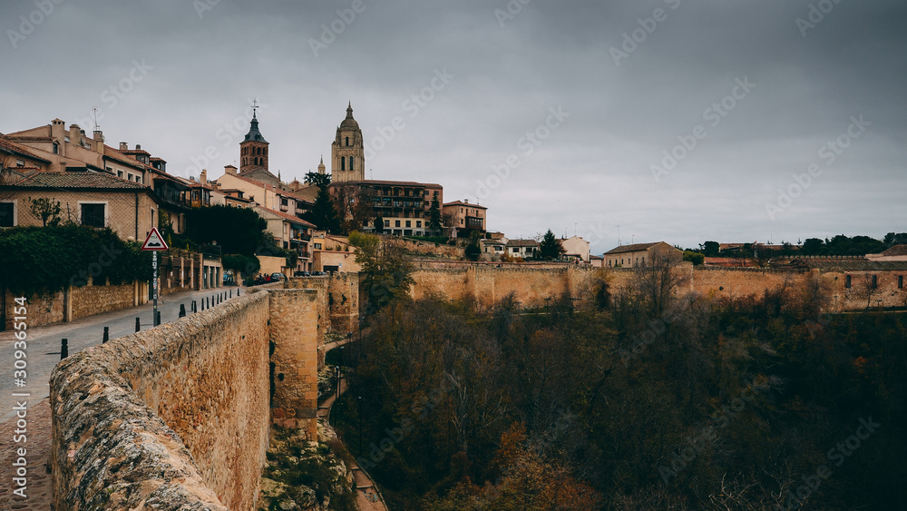 Cityscape view of Segovia skyline with Cathedral and City Walls - Segovia, Castile and Leon, Spain