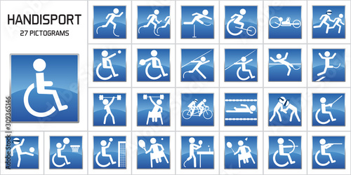 Concept du handicape et de la performance sportive avec des pictogrammes représentant les principales disciplines de handisport aux jeux olympiques. photo