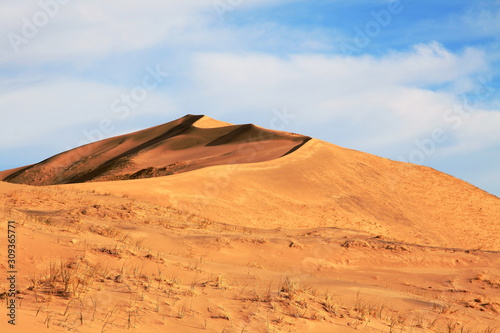 Massive sand dunes in Death Valley National Park desert in the winter golden and blue sky