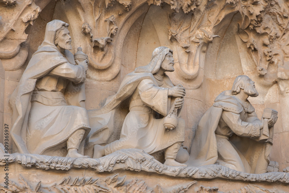 Detail of the external facade of the Sagrada Familia in Barcelona in Spain. The Cathedral is an important work of art designed by the architect Antoni Gaudi.