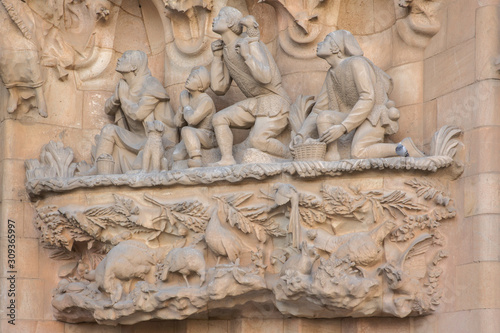 Detail of the external facade of the Sagrada Familia in Barcelona in Spain. The Cathedral is an important work of art designed by the architect Antoni Gaudi.