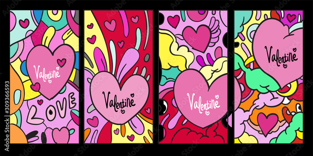 Fototapeta premium Vector doodle illustration valentine greeting card for social media story background