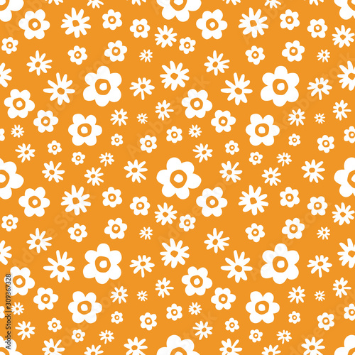Small Scale White Retro Graphic Scattered Daisies Blooms on Yellow Background Vector Seamless Pattern
