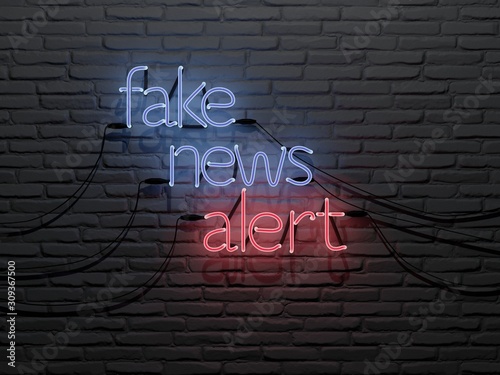 Fake news alert neon sing in a brick wall