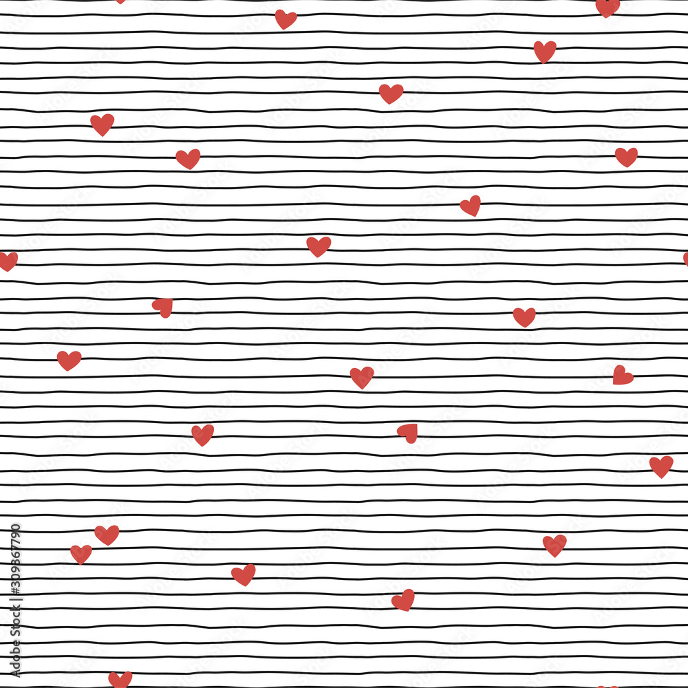 Vector seamless pattern with doodle horizontal stripes and tiny red hearts. Stripy background. Valentines Day design idea.