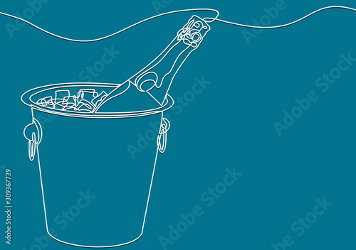 Champagne bottle in bucket with ice and glasses of champagne-continuous line drawing