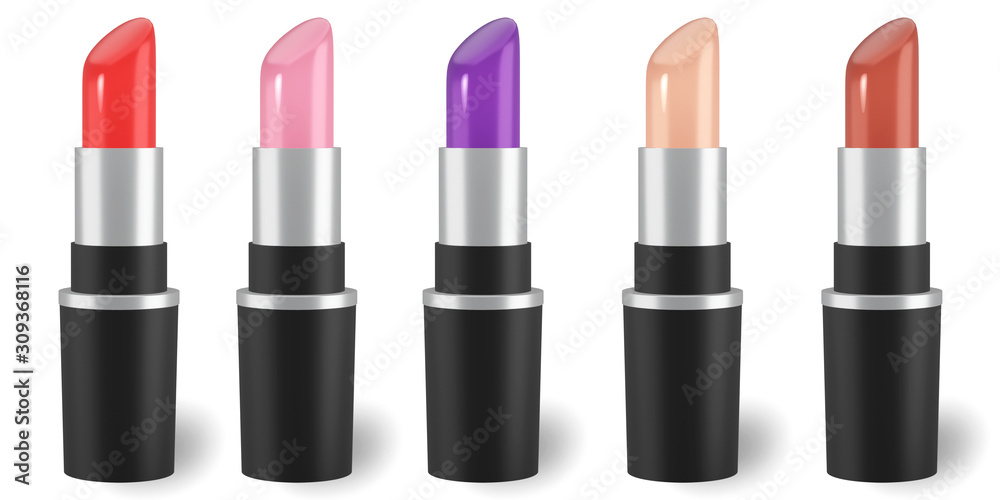 Obraz premium 3d render lipstick variety Colorful Tones tints palette pink, wine, vinous, mockup design isolated on white background with clipping path. Beautiful Make-up concept. 