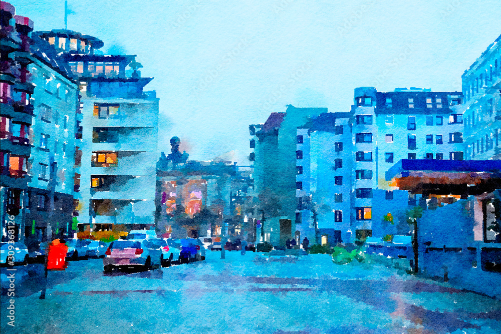 evening Berlin in December, watercolor style