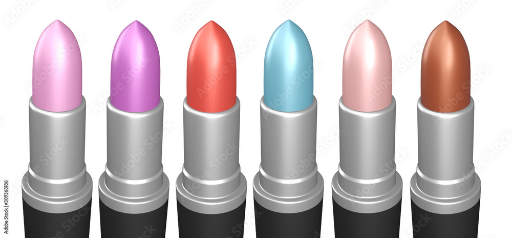 Obraz premium Close up product Set of lipsticks. Cosmetic tints palette pink, wine, vinous, mockup design isolated on white background with clipping path. Beautiful Make-up concept.