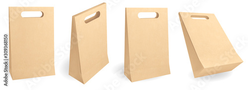 set of brown kraft paper bag for shopping mockup design isolated on white background with clipping path. different angle object , save the planet concept" 3d illustration"
