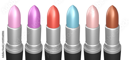 Close up product Set of lipsticks. Cosmetic tints palette pink, wine, vinous, mockup design isolated on white background with clipping path. Beautiful Make-up concept. "3d illustration"