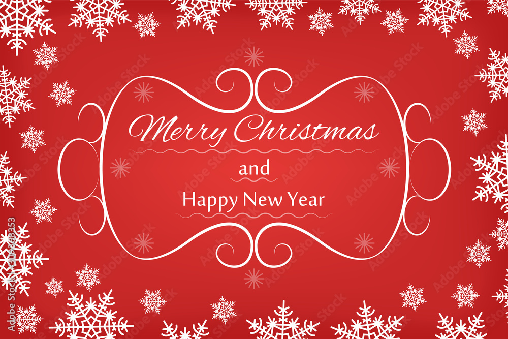 Snow pattern with white snowflakes border on a red background. Christmas abstract rectangular decorative art frame. New year vector festive illustration.