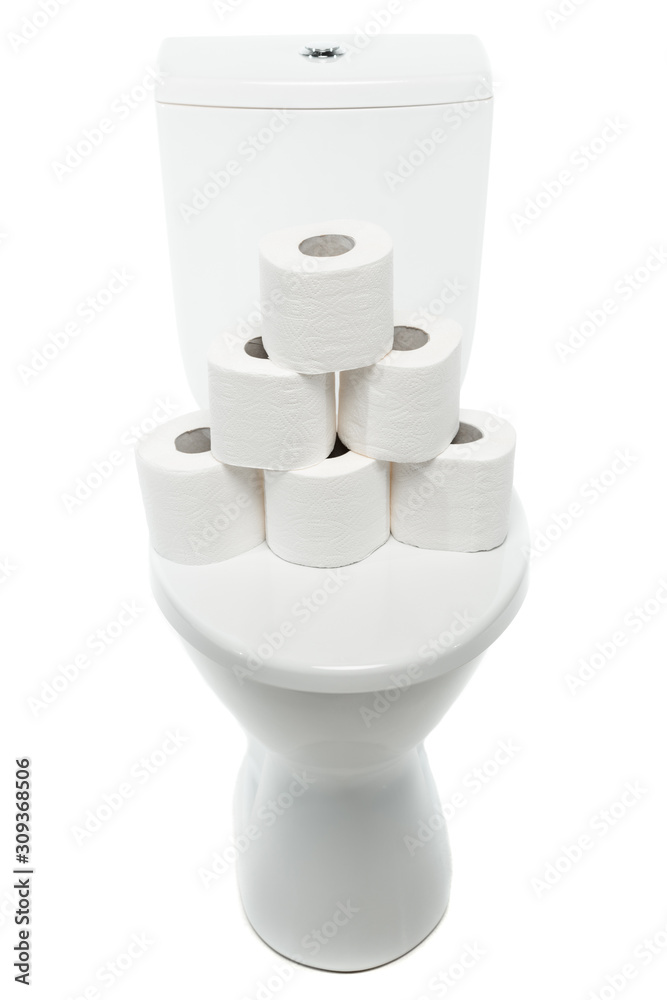 ceramic clean toilet bowl with rolls of toilet paper isolated on white ceramic clean toilet bowl with rolls of toilet paper isolated on white
