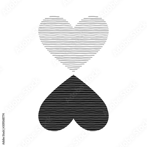 Doodle striped reflected hearts isolated on white background. Black and white illustration in vector. Valentines Day design idea.