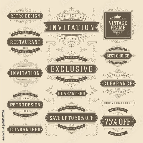 Vector vintage flourish ornament design elements labels or badges and ornate decoration frames set