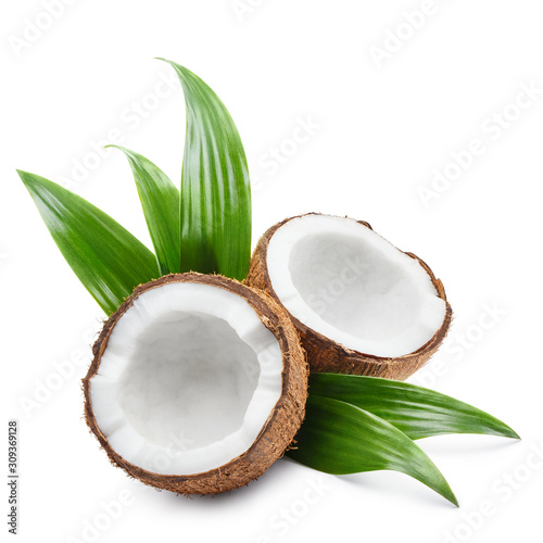 Delicious coconuts with leaves, isolated on white background
