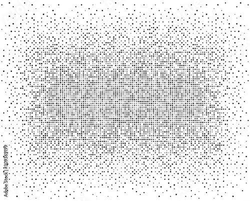Halftone pixels dissolve, small chaotic particles. An explosion, the squares. Vector abstract illustration background.