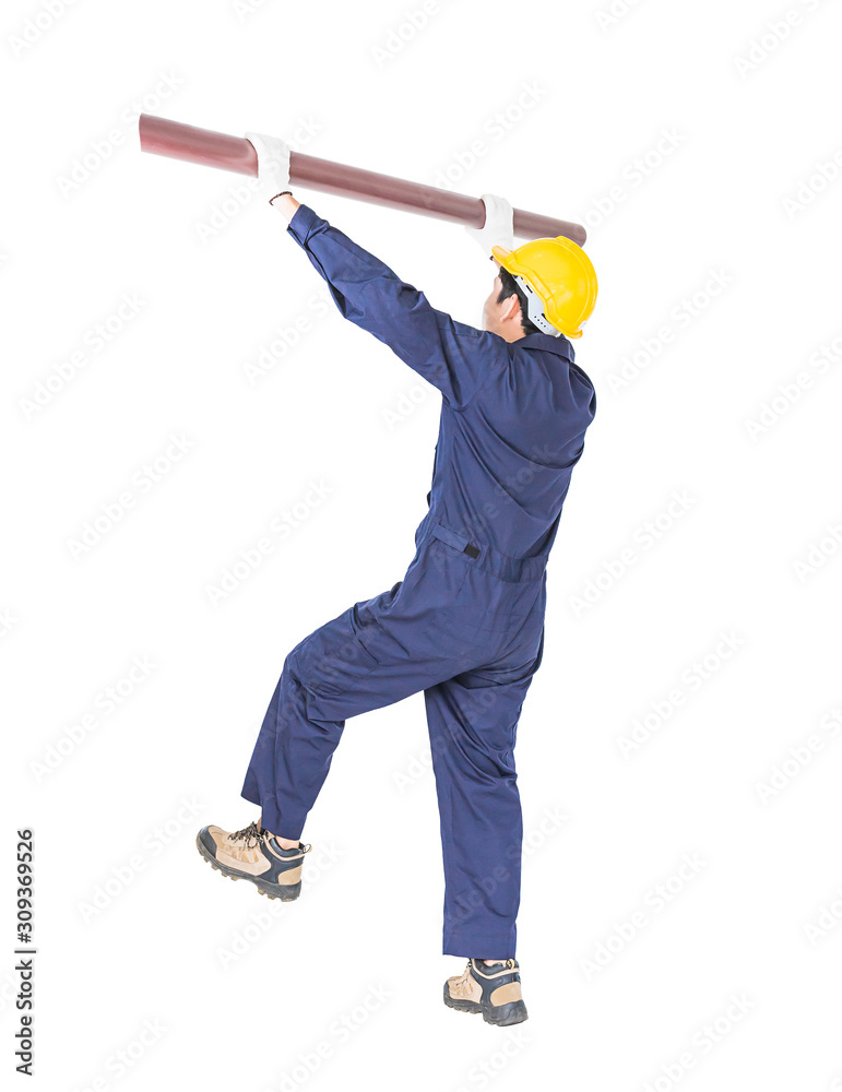 Plumber in uniform holding pvc pipe on white Plumber in uniform holding pvc pipe on white