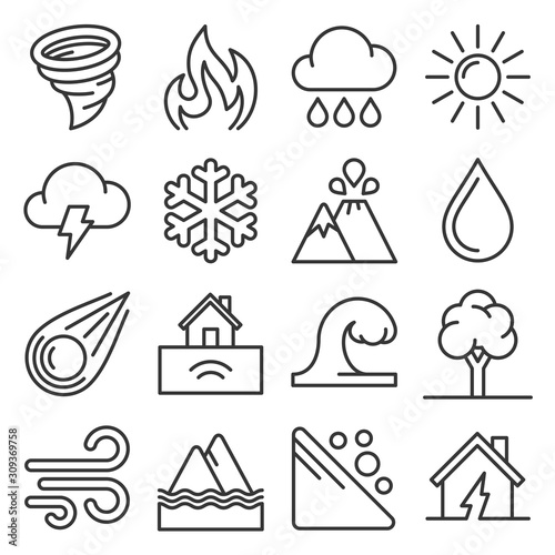 Natural Disaster Icons Set on White Background. Line Style Vector