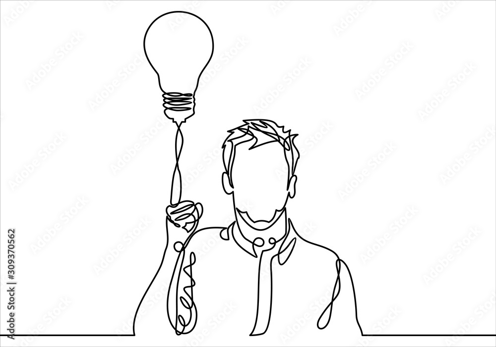 Businessman holds a light bulb at the tip of his finger as a symbol of knowledge and ideas-continuous line drawing Businessman holds a light bulb at the tip of his finger as a symbol of knowledge and ideas-continuous line drawing