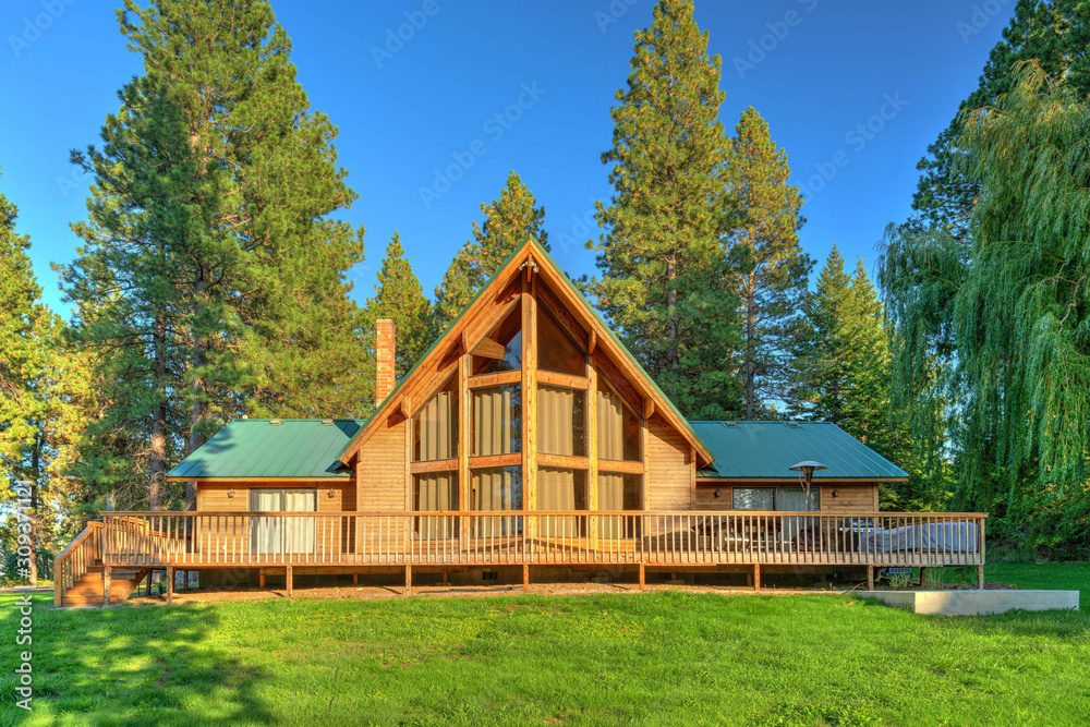 Fototapeta premium Luxury Cedar cabin home with Large pine tree and pond