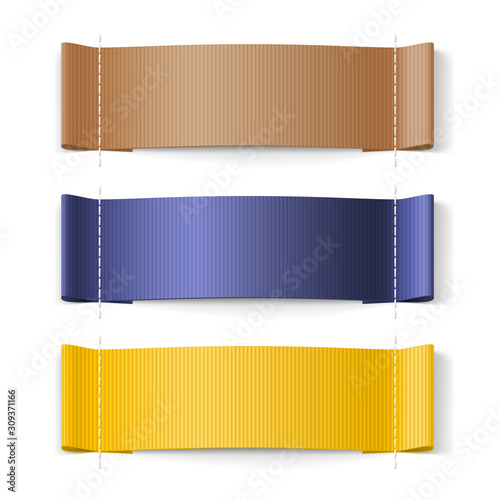 Brown, Blue and Yellow Clothing Label on White Background. Clothing Fabric Tag Stitch, Realistic Bright Blank Badges with Copy Space for Text.
