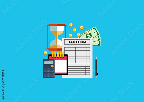 Tax calculation, budget calculation, accounting, paperwork concept. Top view.
