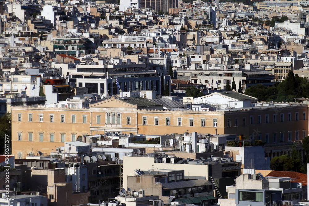 Athens, Greece - July 20, 2019: The seat of the Hellenic parliament photographed from the acropolis