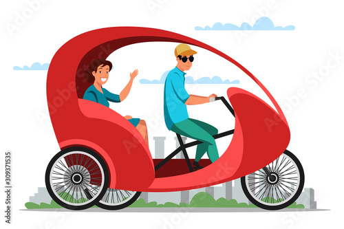 Man woman riding eco rickshaw bicycle with roof