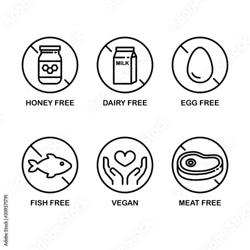 Vegan. Meat Free. Dairy Free. Vegetarian - Vector Icon Set