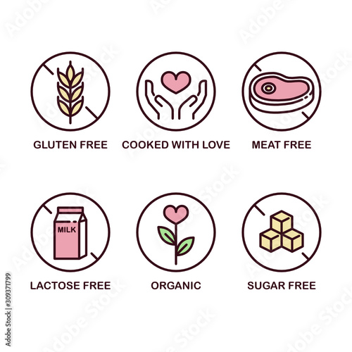 Vector Icon Set: Gluten Free, Sugar Free, Meat Free, Lactose Free, Organic, Cooked with Love