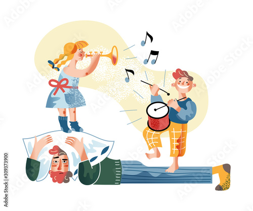 Father annoyed with kids vector illustration