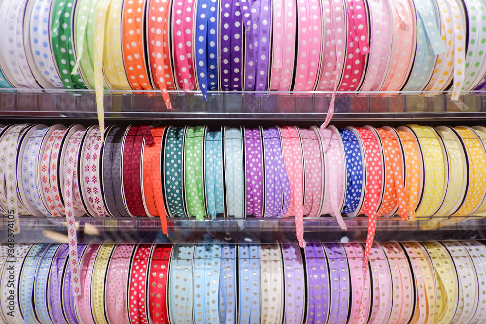 Colourful Ribbon rolls in a store Colourful Ribbon rolls in a store