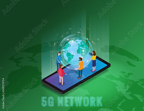 Isometric 5G network wireless technology template. Isometric smartphone with Earth planet